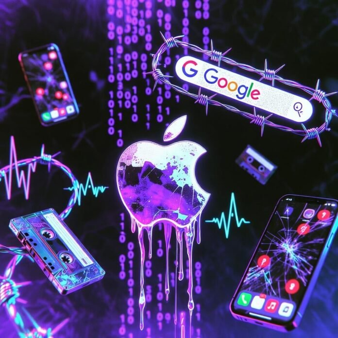 Melted Apple logo bleeding binary in cyberpunk glitch chaos Melted Apple logo bleeding binary in cyberpunk glitch chaos