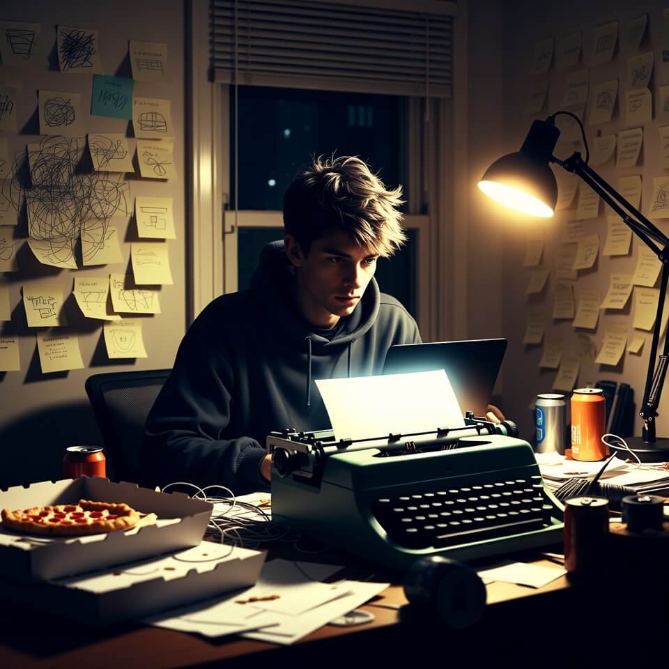 Messy desk with lipstick-stained coffee, cracked phone, and rotten avocado