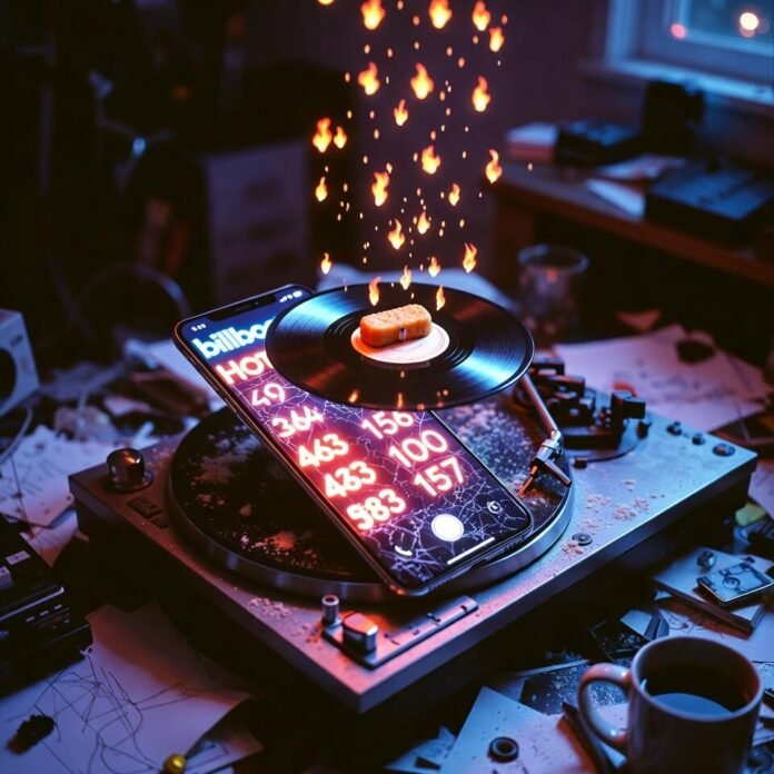 Messy desk at 3 a.m.: floating vinyl, fire emojis, chicken nugget (8 words) Messy desk at 3 a.m.: floating vinyl, fire emojis, chicken nugget (8 words)