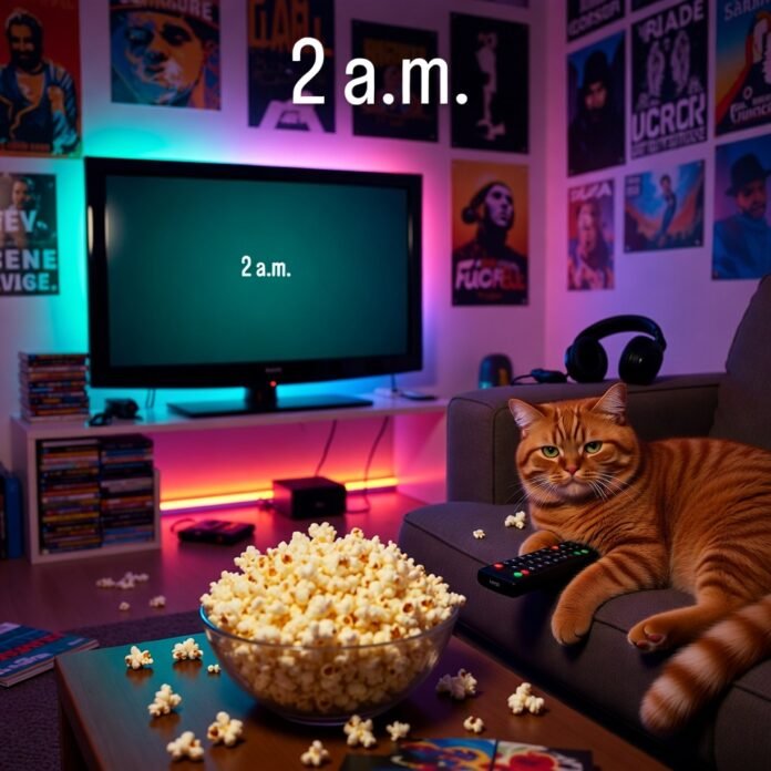 Messy late-night living room with glowing TV and sleeping cat Messy late-night living room with glowing TV and sleeping cat