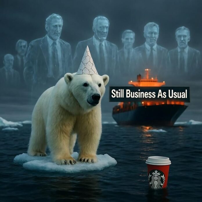 Polar bear in cracked party hat on melting ice Polar bear in cracked party hat on melting ice