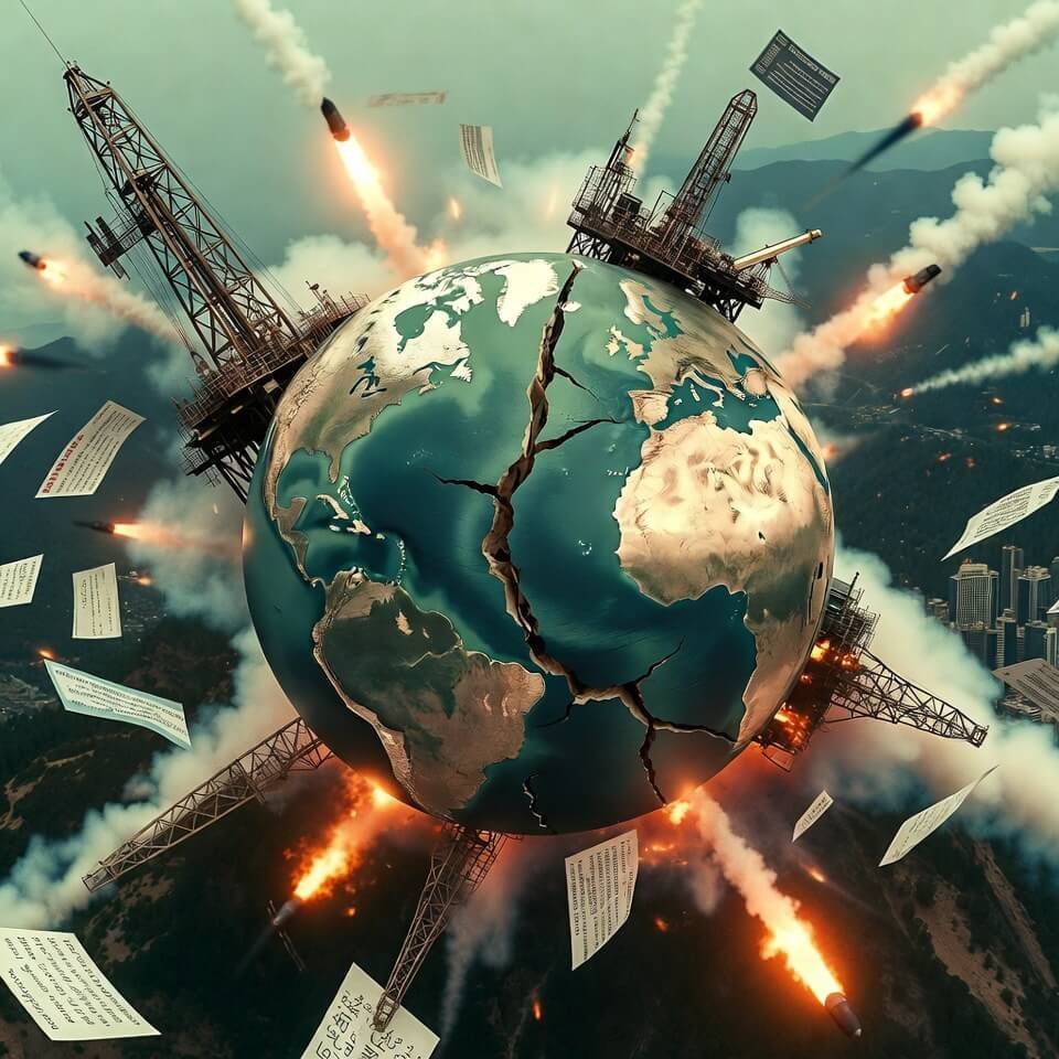 Cracked globe amid missiles, oil rigs, chaotic news tickers.