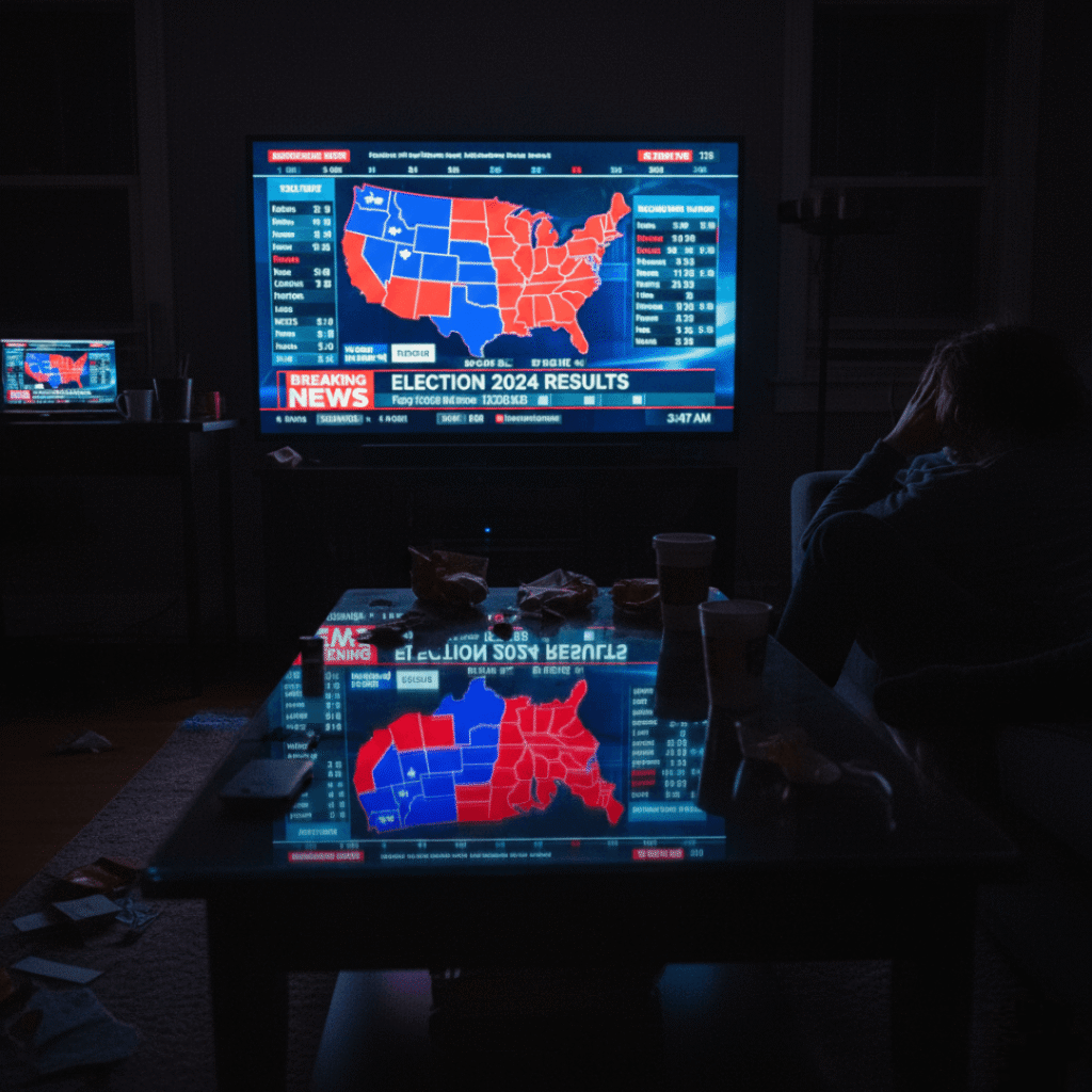Dimly lit room, laptop election map, and coffee mug.