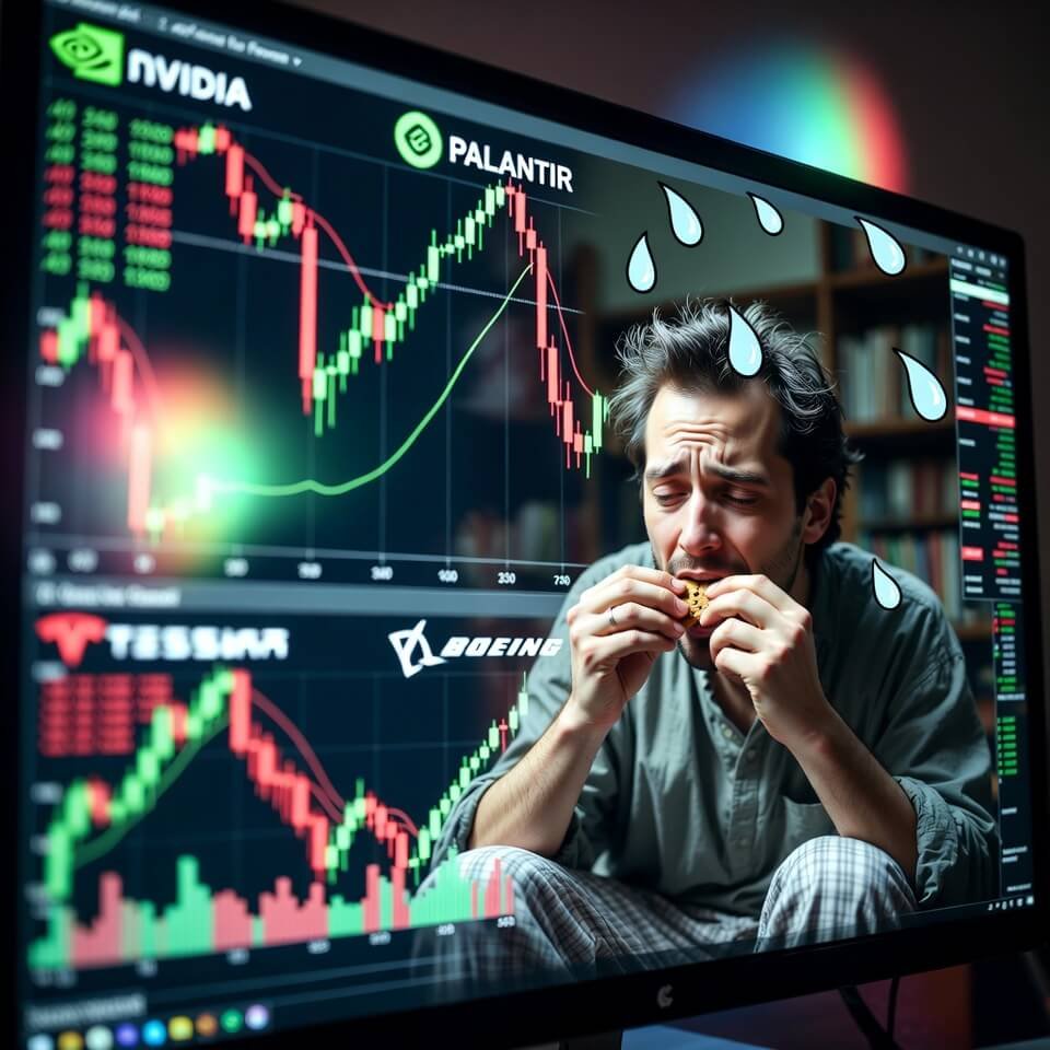 Trading screen shows NVDA/PLTR gains, TSLA/BA losses, stressed cookie eater reflection