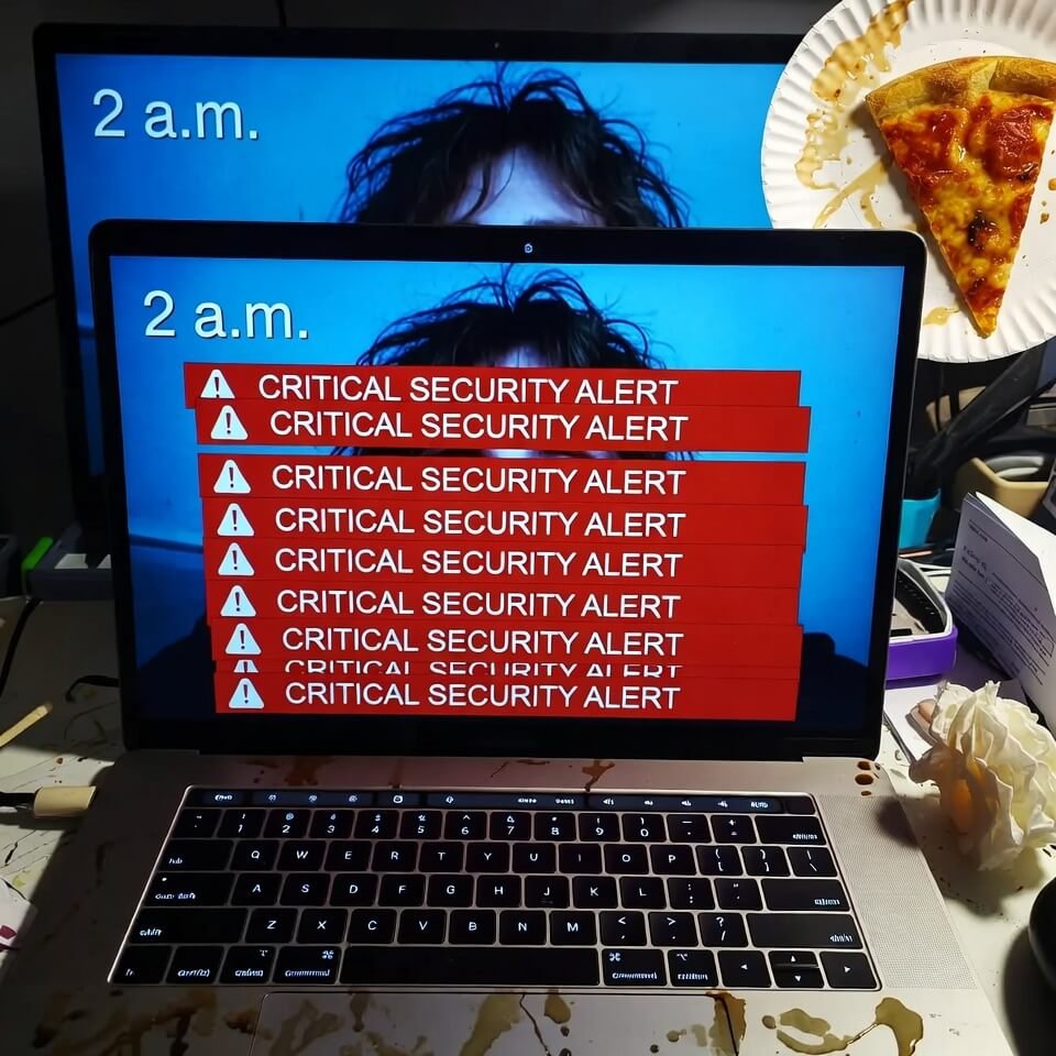 Messy laptop screen flooded with red critical security warnings