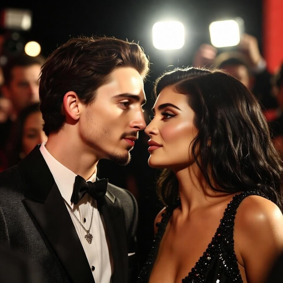 Close-up of Timothée and Kylie gazing intensely on red carpet