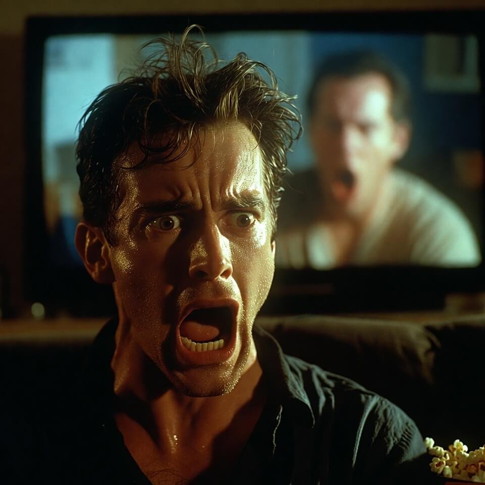 unshaven face is faintly visible as a reflection in the TV screen