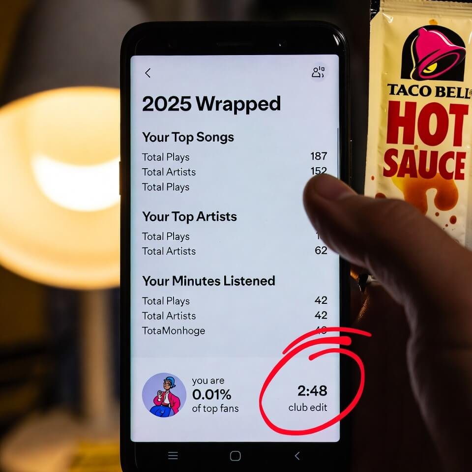 2025 Wrapped screen: 187 plays of 2:48 club edit circled (9 words)