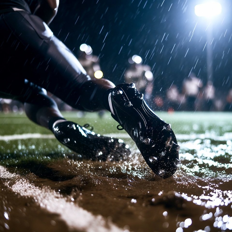 Quarterback cleats sliding in muddy rain at night game