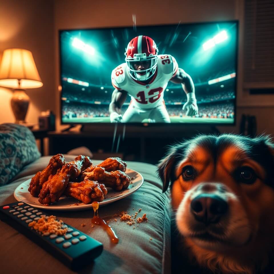Messy couch POV: hot wings, judgmental dog, Saquon replay on TV