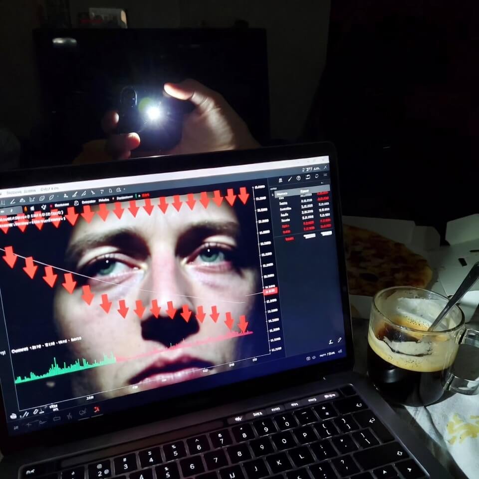 Tired eyes reflecting red down arrows at 2:17 a.m. trading loss