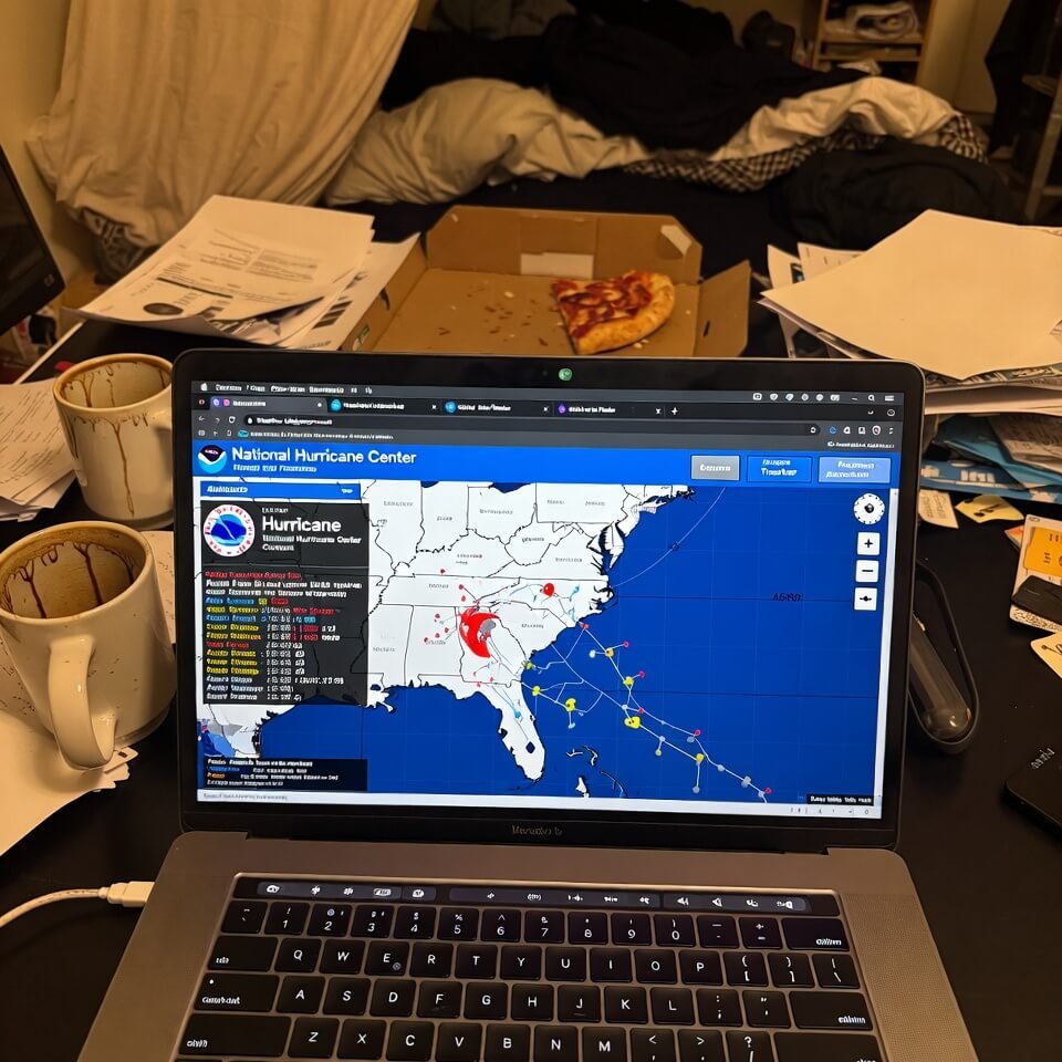 Messy 3:17 a.m. desk with hurricane map and pizza