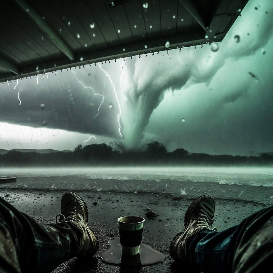 Low-angle: soaked sneakers, spilled coffee, tornado under green stormy sky