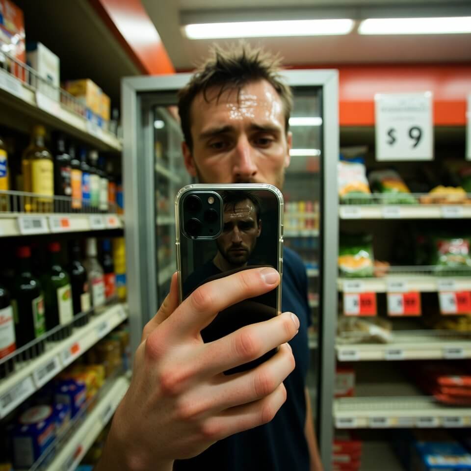 Sweaty hand holding $9 avocado in supermarket aisle,