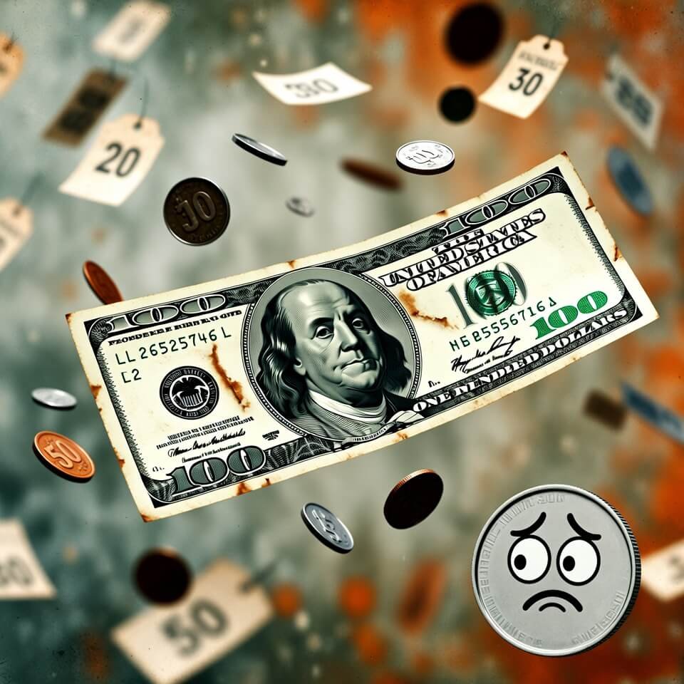 Torn $100 bill blowing away as worried coin watches