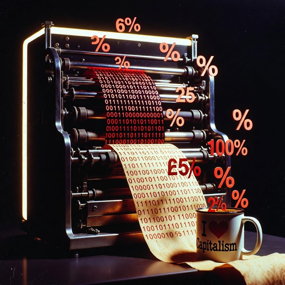 1920s stock ticker printing red binary and tariff percentages