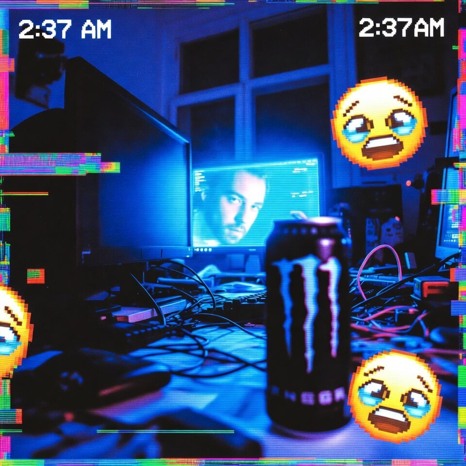 2:37am messy desk chaos with Monster can and blue glow
