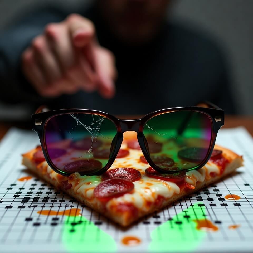 Cracked iridescent sunglasses on greasy pepperoni pizza slice