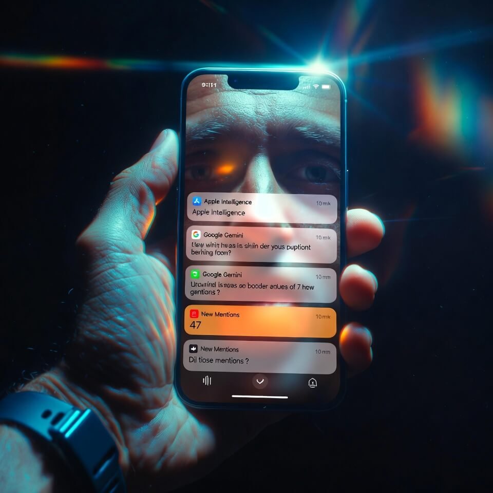 Exhausted hand holding notification-overloaded iPhone in dark room
