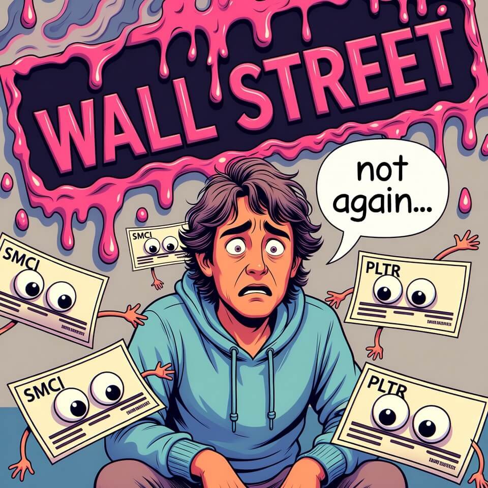 Confused hoodie investor surrounded by needy googly-eyed SMCI/PLTR stock pets