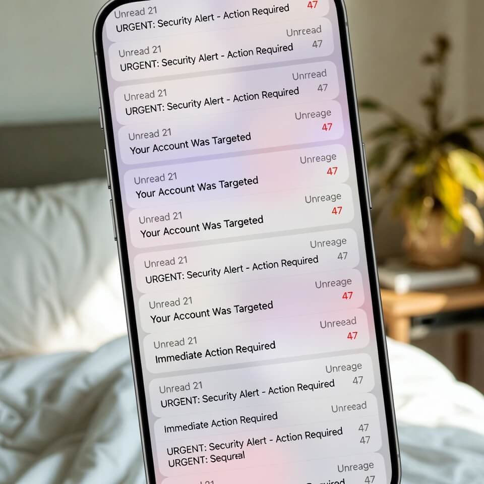 Tilted iPhone showing 47 urgent security email notifications