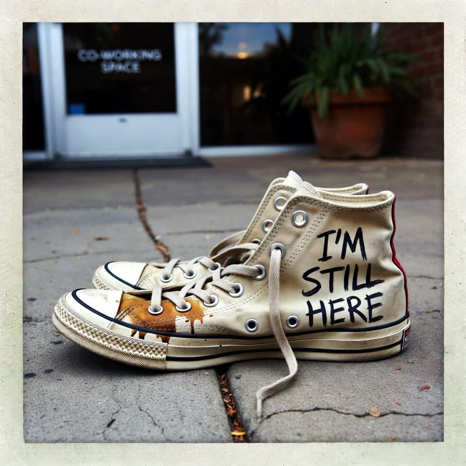 Worn Converse sneakers with "I'M STILL HERE" on cracked Austin sidewalk
