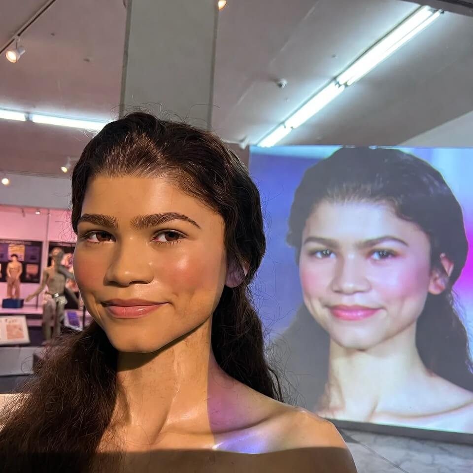 Eerie Zendaya wax figure with projected real photo comparison