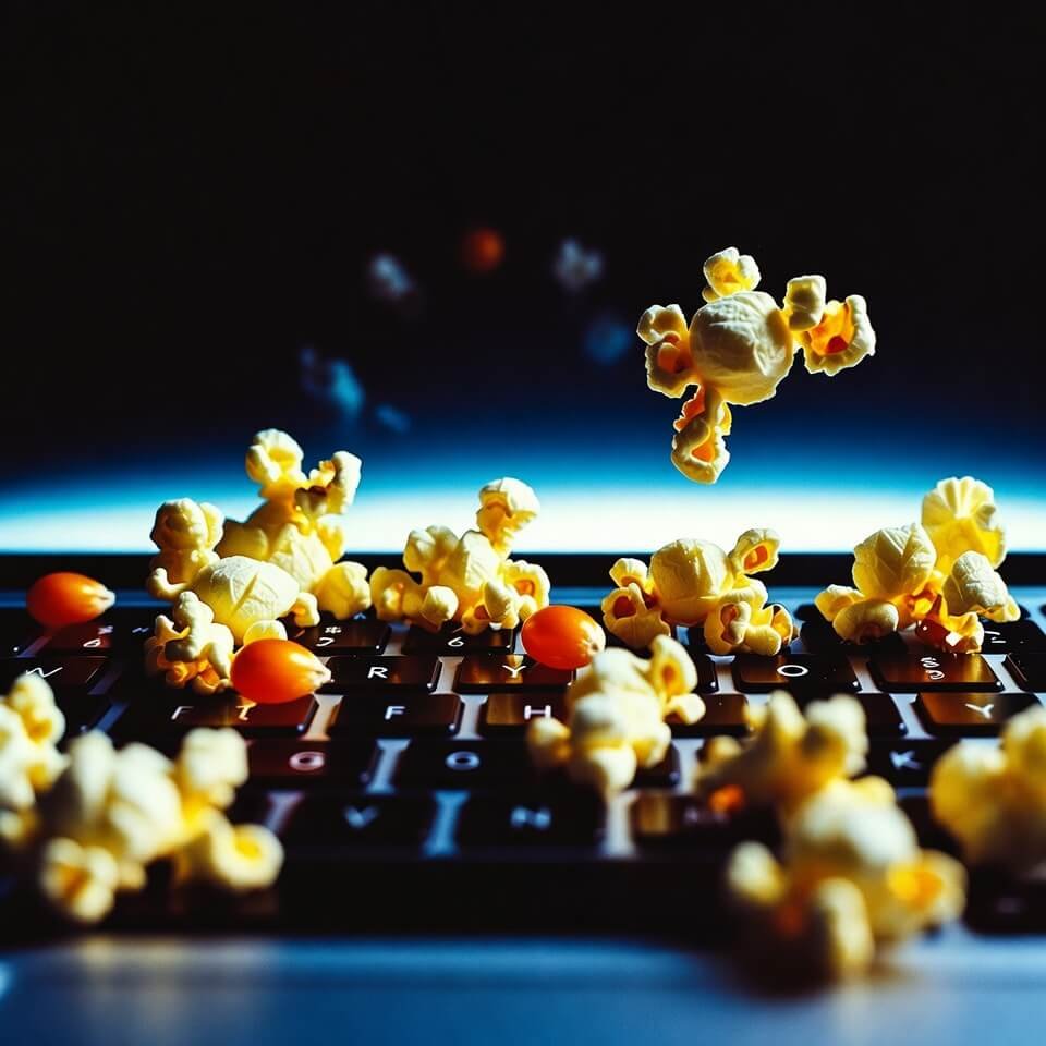 glowing laptop keyboard, a crumpled red AMC ticket stub clinging