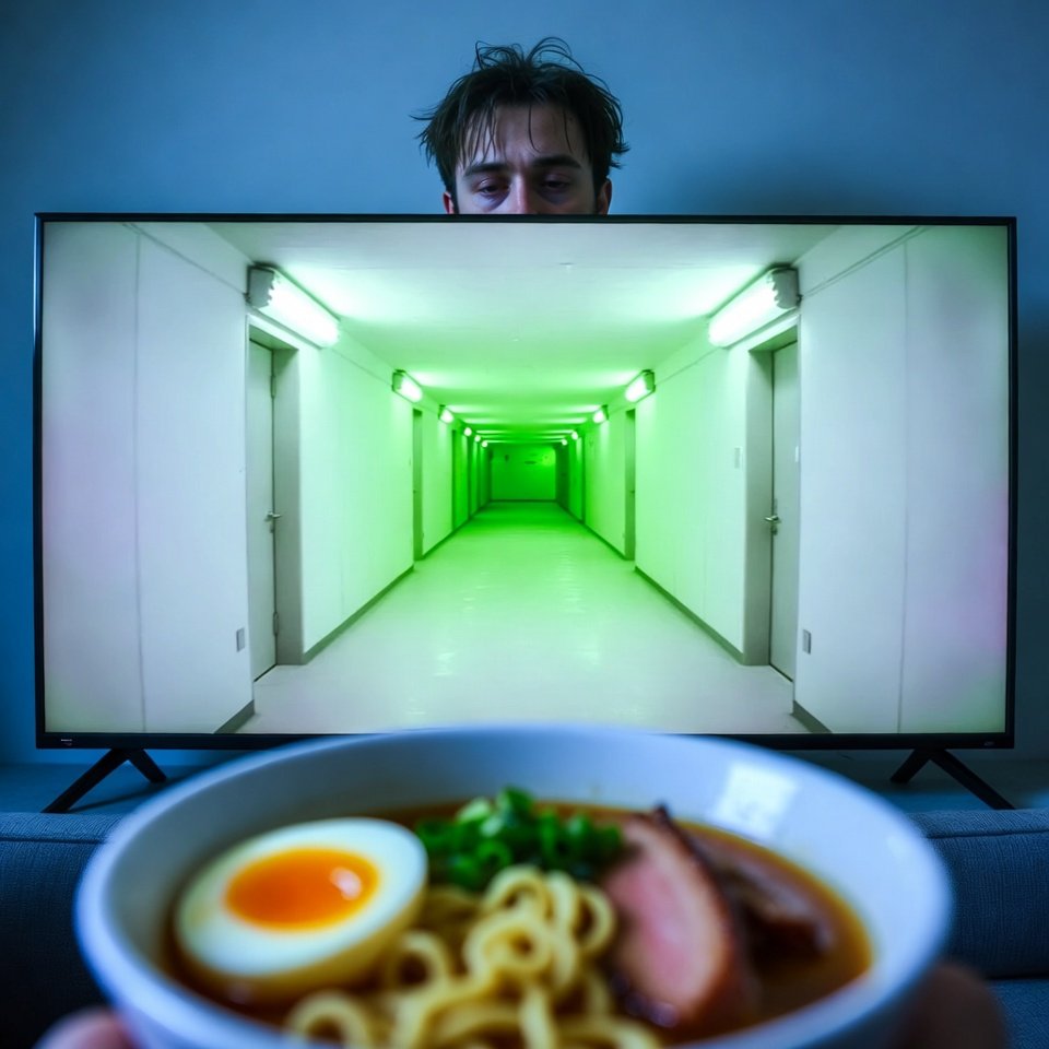 Cluttered coffee table, paused horror scene, neon-lit binge mess