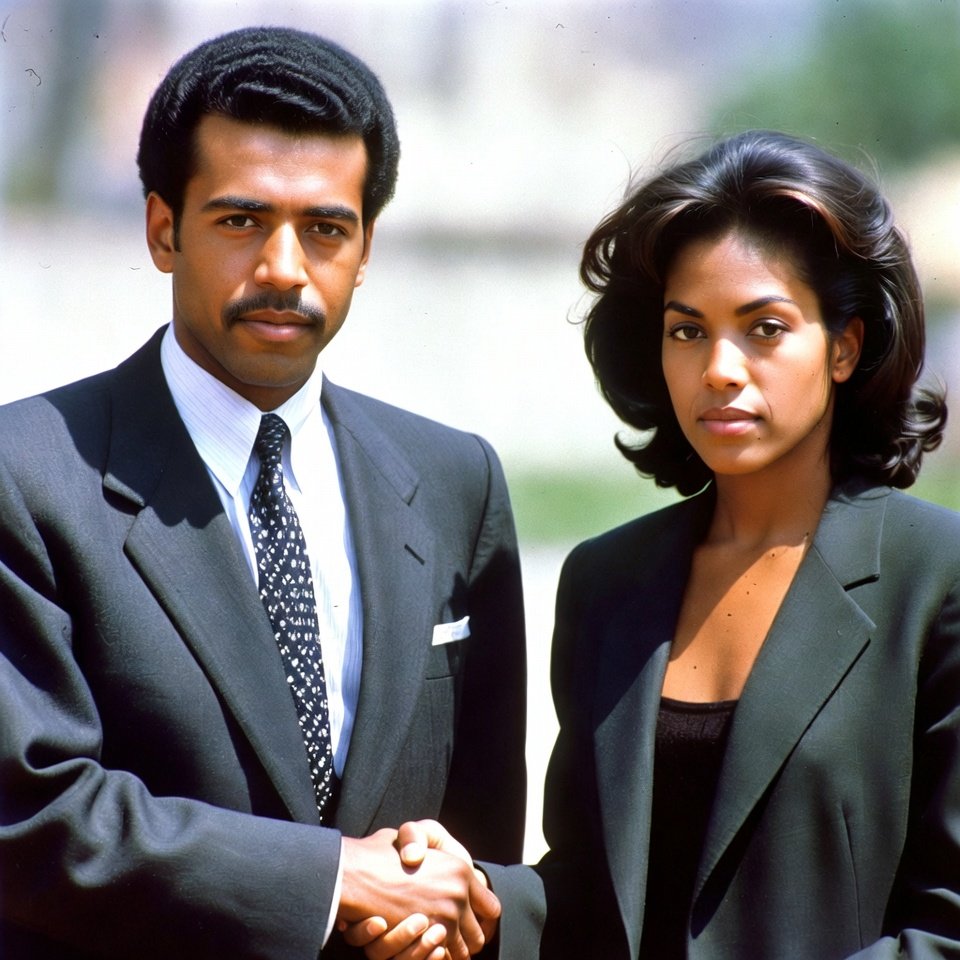 Grainy vintage superstars shaking hands with suspicious looks