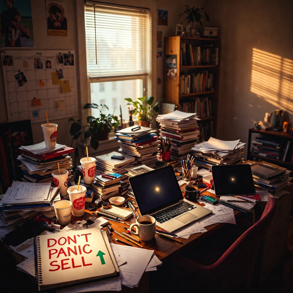 Dawn desk chaos: ramen Jenga tower and “DON’T PANIC SELL” notebook