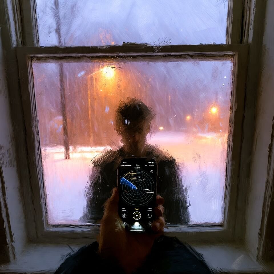 Foggy window: snow swirls outside, silhouette with radar app glows warmly
