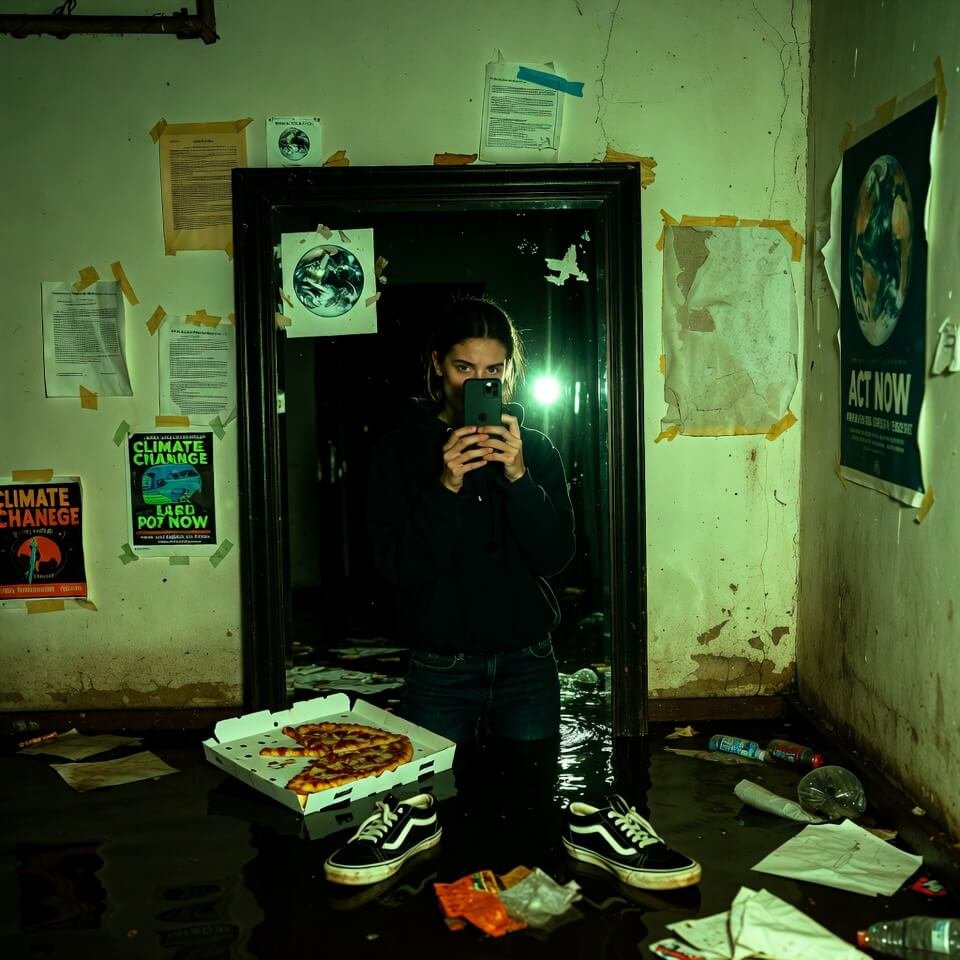 Mirror selfie in flooded basement, water at shins
