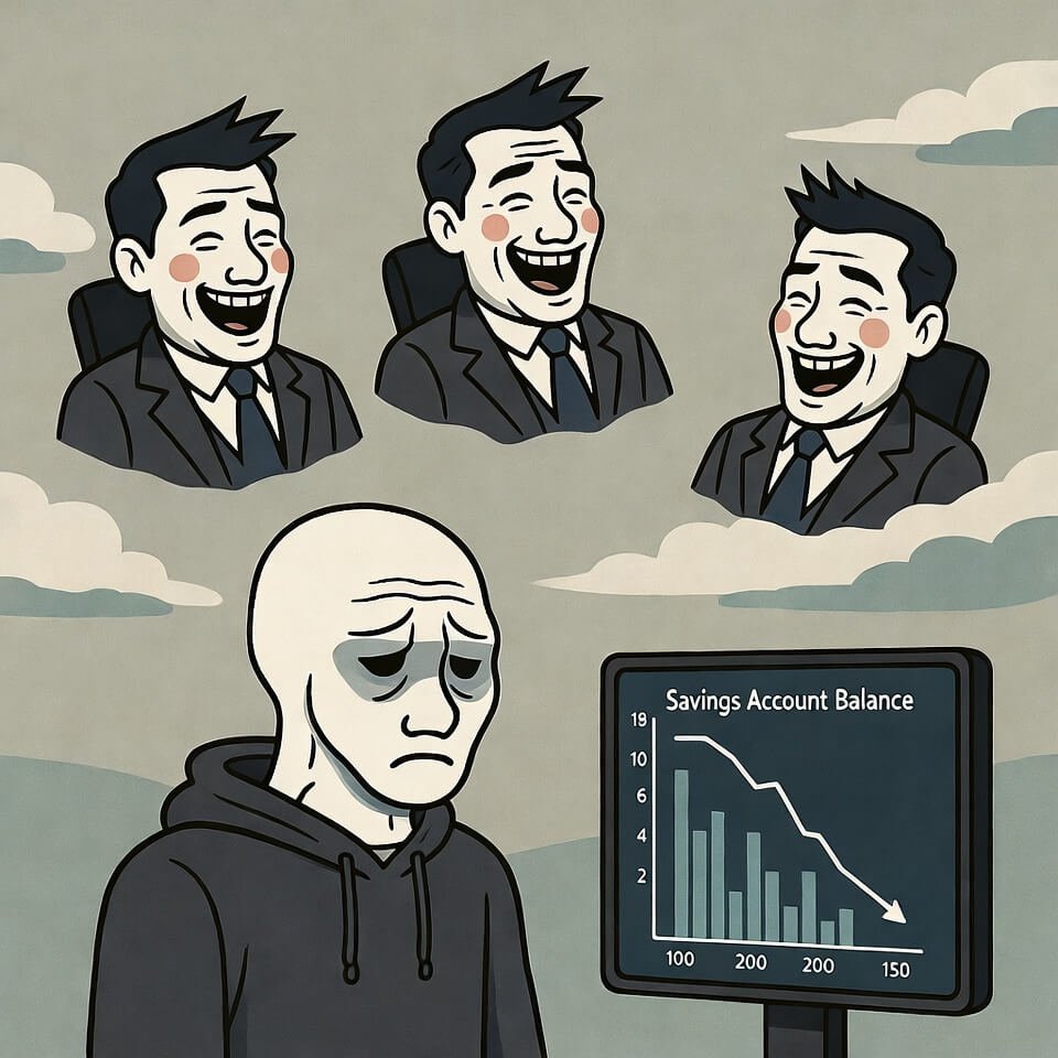 Sad Wojak watches shrinking savings, floating Fed chairs laughing