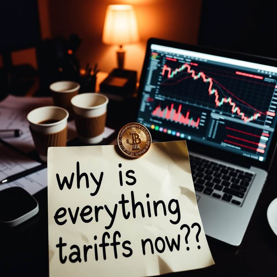 Night desk with red stock charts, gold coin, and "tariffs??" note