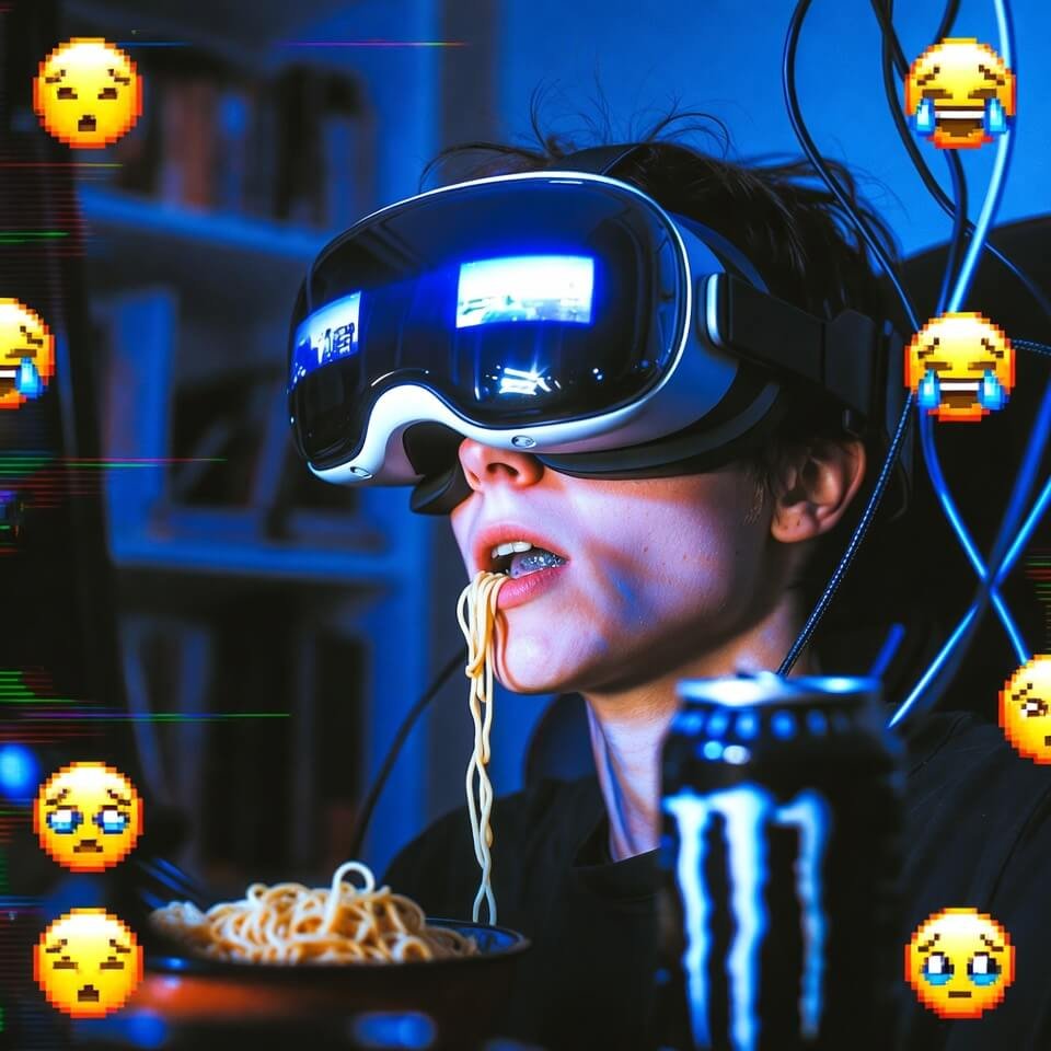 Late-night Vision Pro ramen fail with dangling noodles