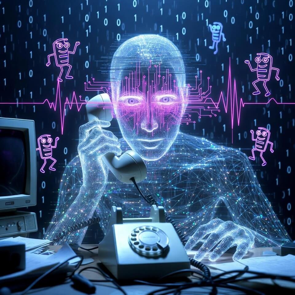 Glitchy wireframe AI nervously holds rotary phone