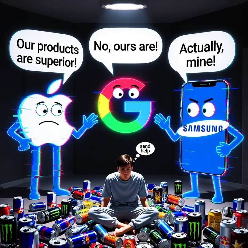 Tired person surrounded by cans watching arguing tech logos