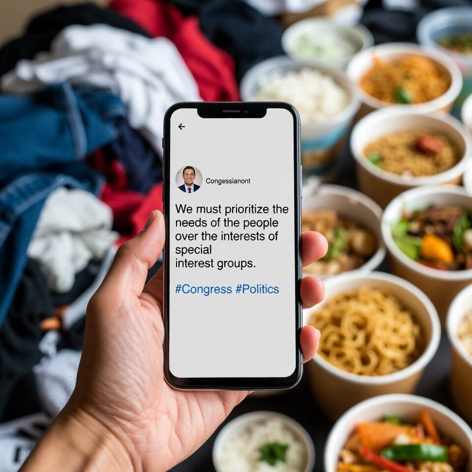Hand holding phone with congressional tweet amid takeout and laundry chaos