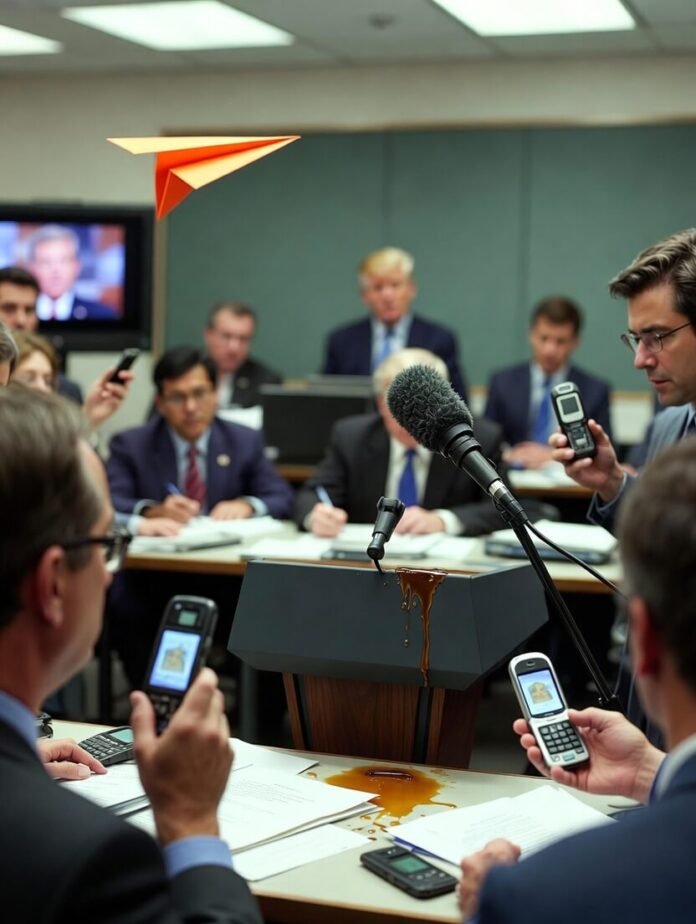 orange paper airplane frozen mid-flight across the press room orange paper airplane frozen mid-flight across the press room